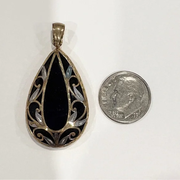 Vintage 10K Filigree Onyx Pendant: Black Hills Style Diamond Cut Large Teardrop - Picture 9 of 10